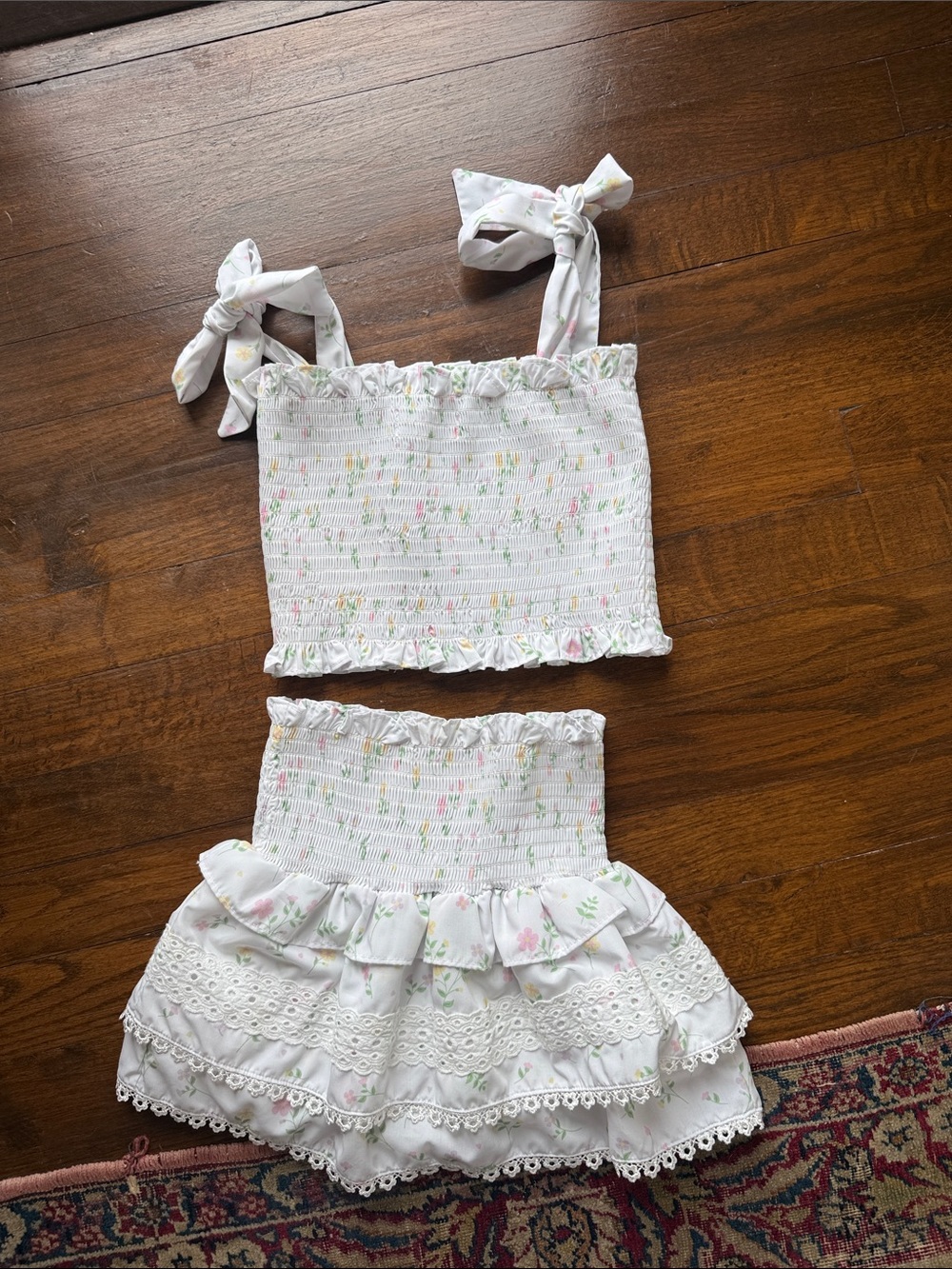 Girls' White Floral Smocked Tank & Ruffle Skirt Matching Set